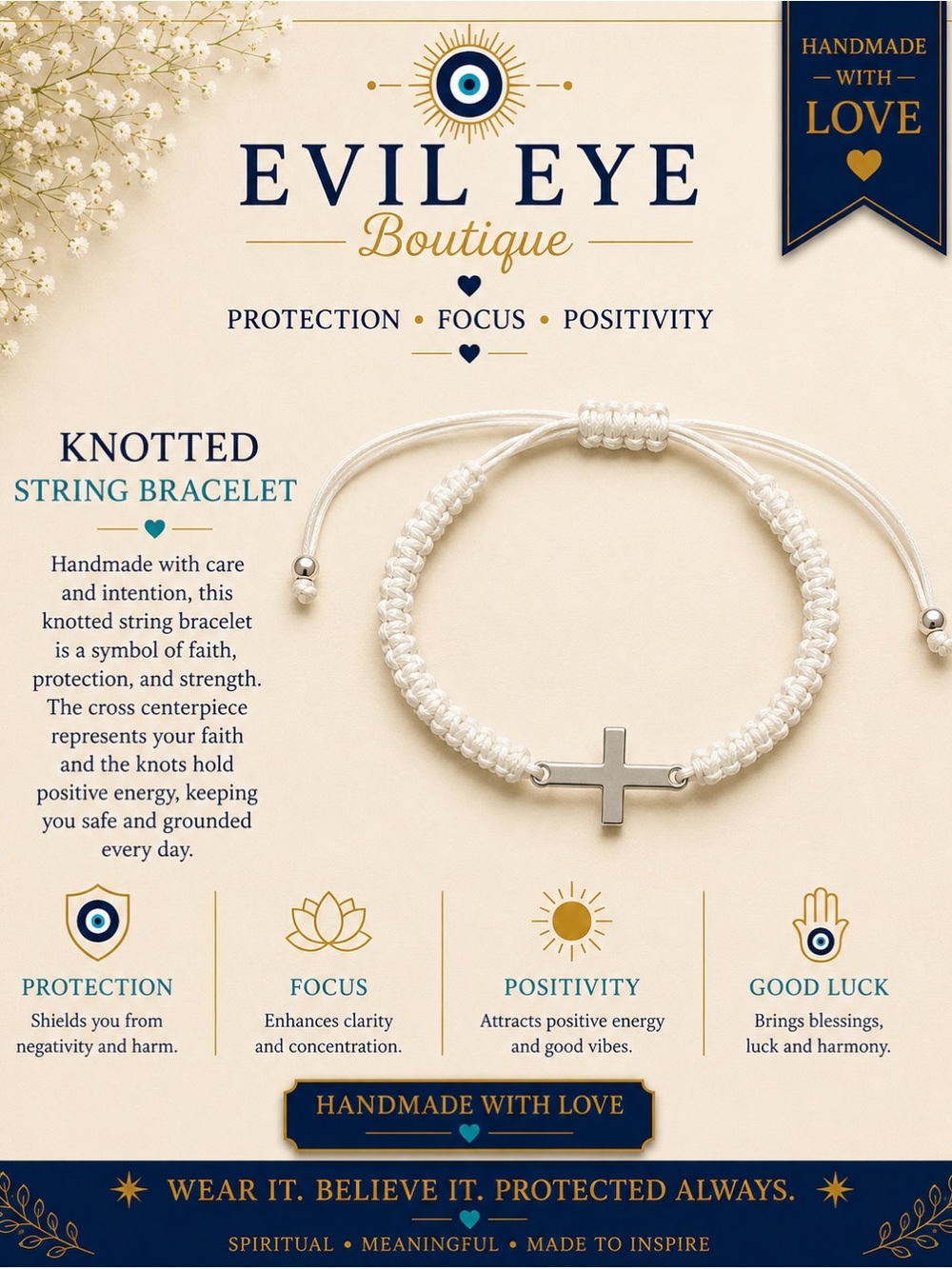 White Knotted String Bracelet with Silver Cross